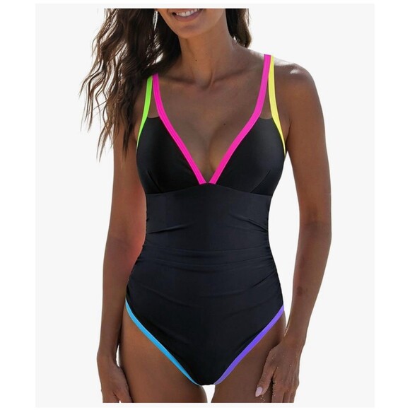 popvil Women's One Piece 2025 Tummy Control Swimsuits Neon Color Block Swimwear - Picture 2 of 14